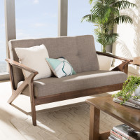 Baxton Studio Bianca-Light Grey/Walnut Brown-LS Bianca Mid-Century Modern Walnut Wood Light Grey Fabric Tufted 2-Seater Loveseat